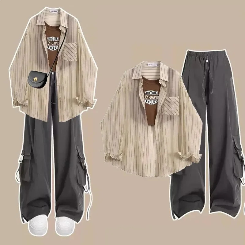Costume d'été pour femmes en trois pièces costumes coréens lâches à rayures solaires à rayures Suntsuspenderwork pantalon de jambe large jeu corr
