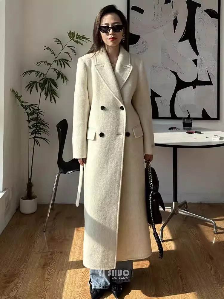 100% wool loose long coat lining set thick collar warm winter weight loss wool coat with solid color womens coat 240827