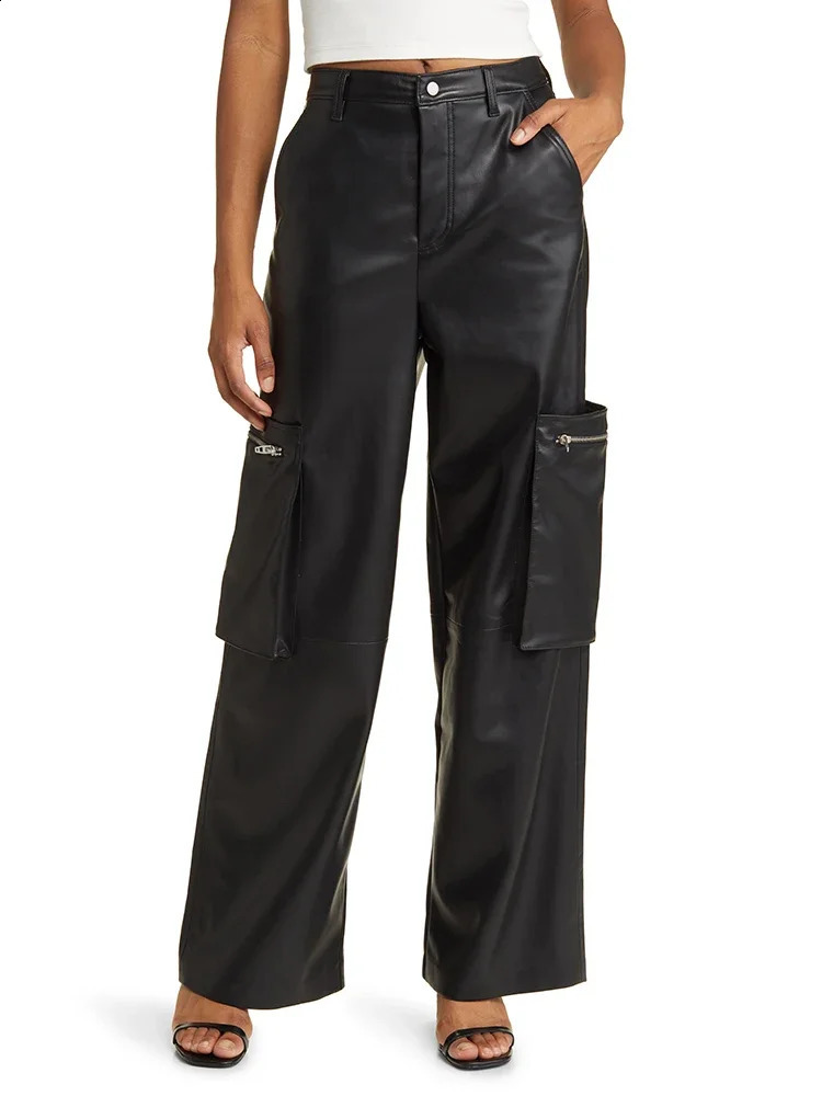 Black Matte Faux Leather Femmes Pantalon de cargaison avec poches POCHETS LA TAISON HAUTES CASSOIR PU Pantalon Straight Pant de la jambe large Cu
