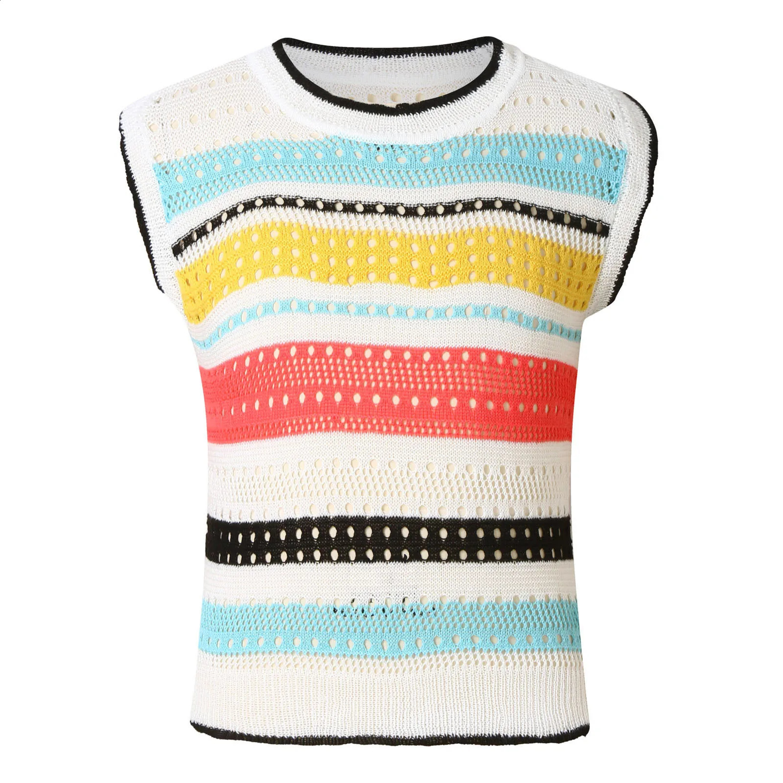 Striped MenS Sweater Vest Hollow Out Sleeveless Summer Vestes Crewneck Knit Tank Top For Man Casual Pullovers Chaleco Hombre 240826
