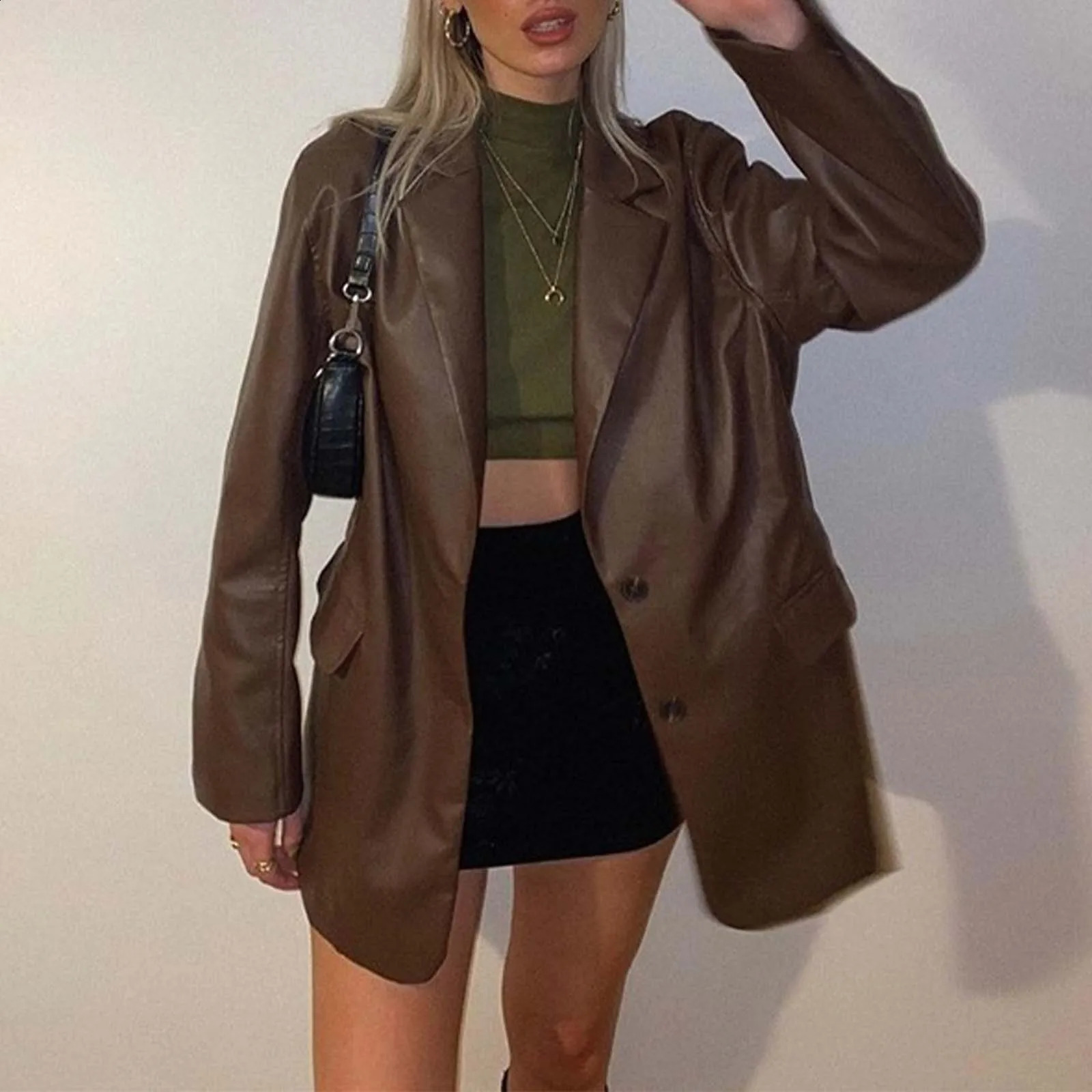 Womens autumn and winter loose oversized leather jacket set womens solid color casual warm and fashionable jacket 240827