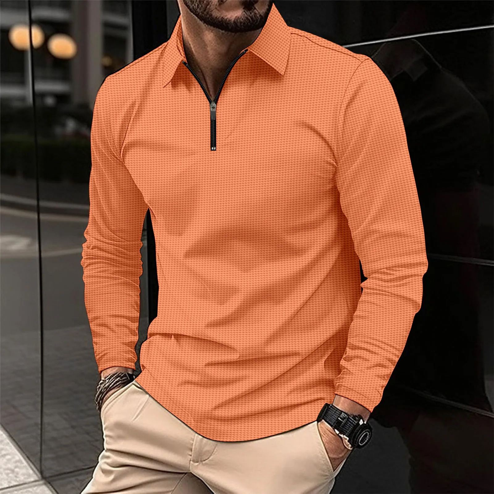 Spring and Autumn mens long-sleeved POLO shirt solid color zip-up lapel office commute business casual jumper fashion sports T- 240826