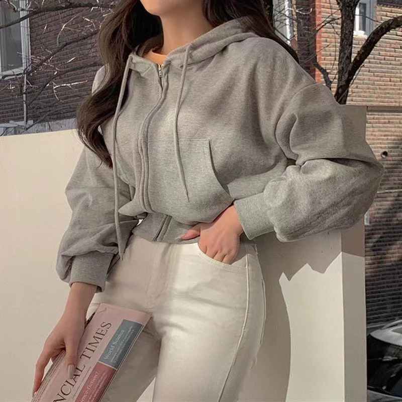 Casual Short hooded Sweatshirt Women Y2K Zip Up Hoodies Harajuku Long Sleeve Tops Oversized Crop Top Female Loose Jackets Coat 240827