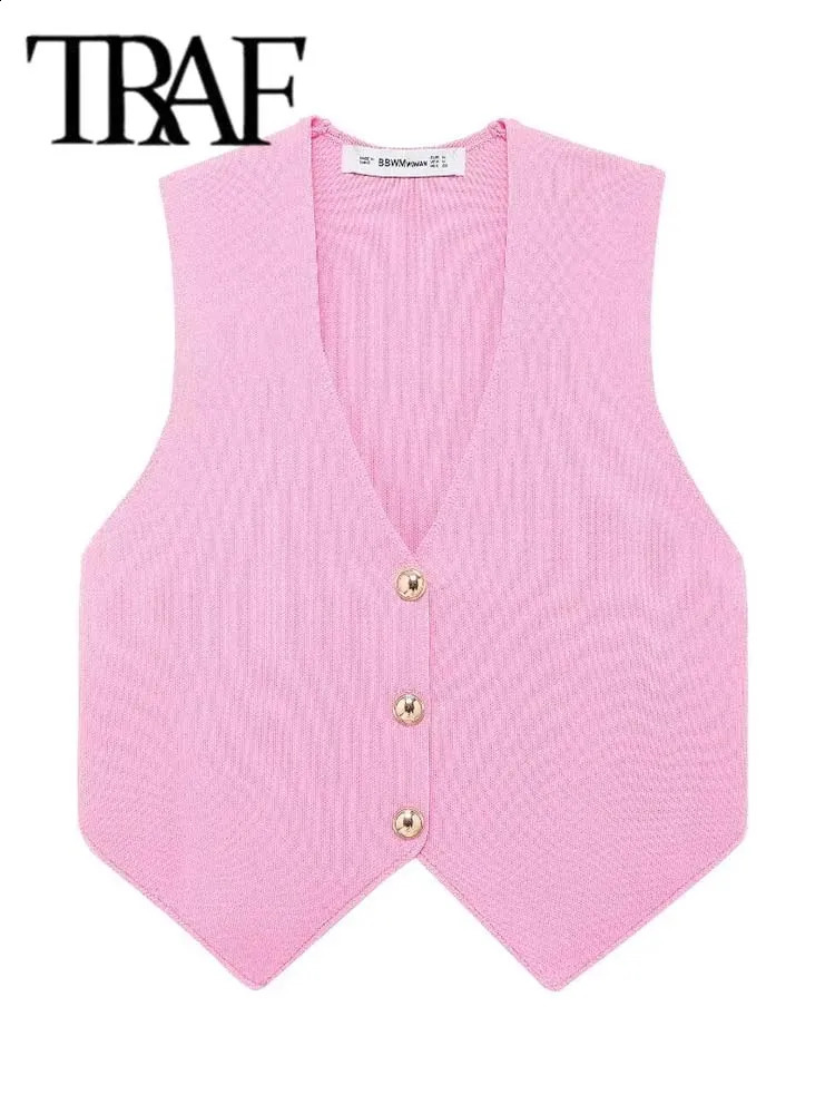 TRAF Womens Knitted Vest Casual Vintage Simple Sleeveless Coat VNeck Vests for Women 2024 Streetwear Waistcoat Outerwear 240826