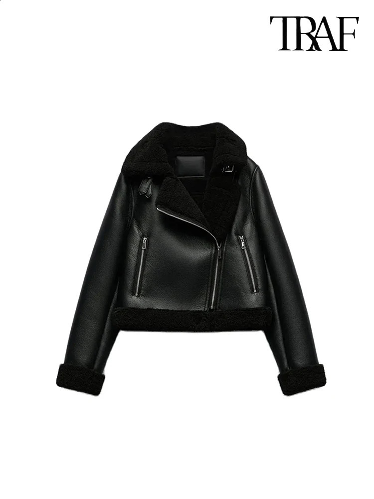 TRAF Womens Retro Street Bike Style Zipper Jacket Thickened Warm Loose Jacket Single Line Collar Long Sleeve Womens Jacket 240827