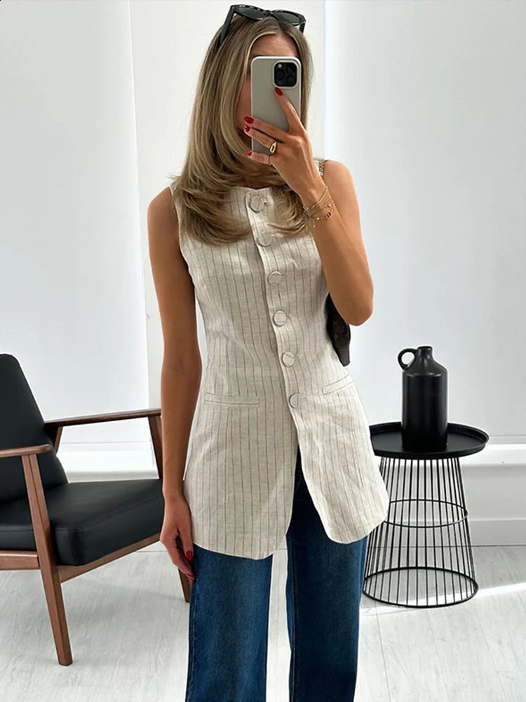 Linen Stripe Womens Vest Sleeveless Office Ladies Top 2024 Summer Elegant Waistcoat Single Breasted Female Casual Tops Fashion 240826