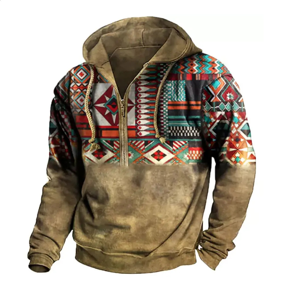 Mens ethnic pattern printed hooded sweatshirt spring/autumn hooded sweatshirt suitable for large and tall men mens clothing 240827