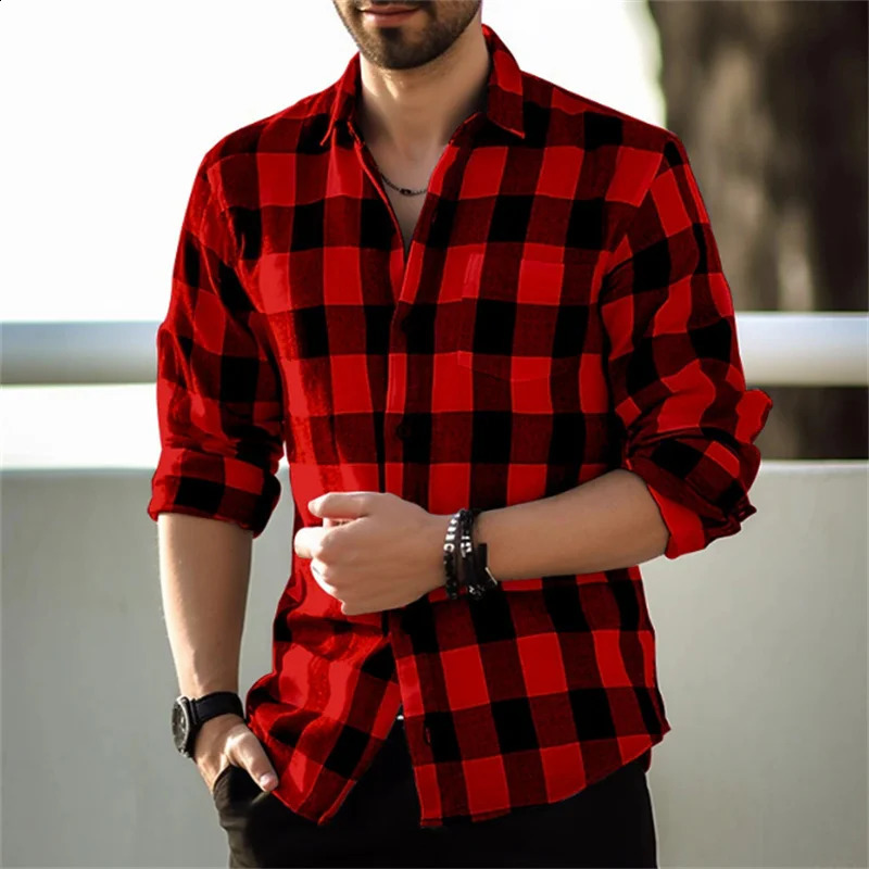 Mens shirt plaid stripes geometric standing collar outdoor street printed long sleeved clothing fashion casual fashion clothing 240826