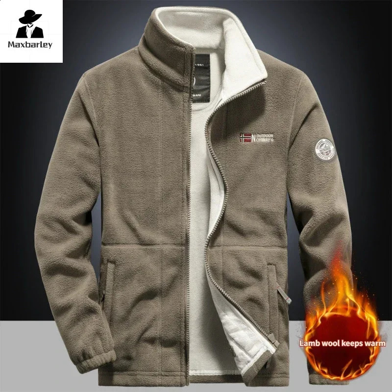 Winter Warm Fleece Jacket Mens Climbing Double Thickened Pocket Outdoor High Collar Windproof Ski Sweatshirt Coat Men 240826