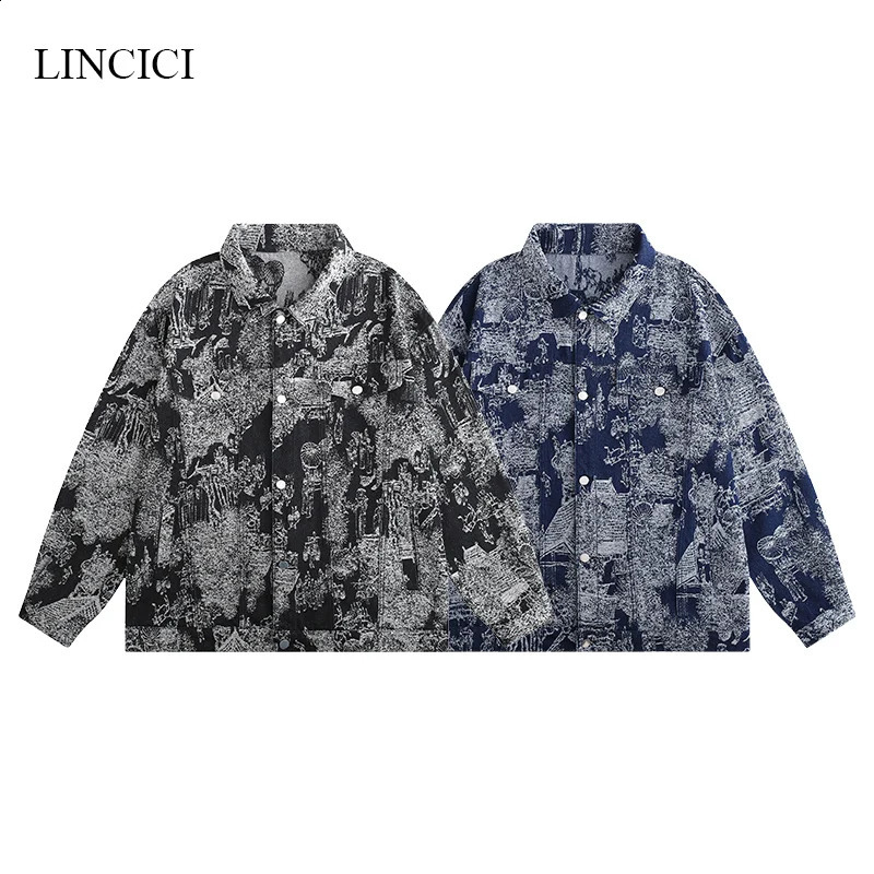 M-3XL Spring and Autumn Mens Cowboy Coat Craftsmanship Personalized Totem Hidden Buckle Multi Pocket Loose Jacket Coat 240826