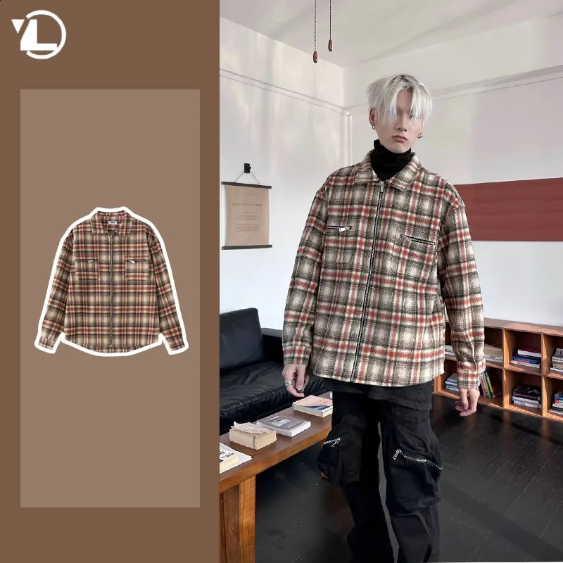 Mens Check Woolen Jacket Spring Autumn High Street Zipper Decoration Loose Couple Shirt Coat Retro Fashion Lapel Male Outerwear 240826