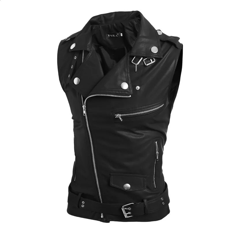 #4815 Black Red White Faux Leather Vest Men Zipper PU Mens Vest Sleveless Irregular Leather Vest Waistcoat Turn-down Collar 240826