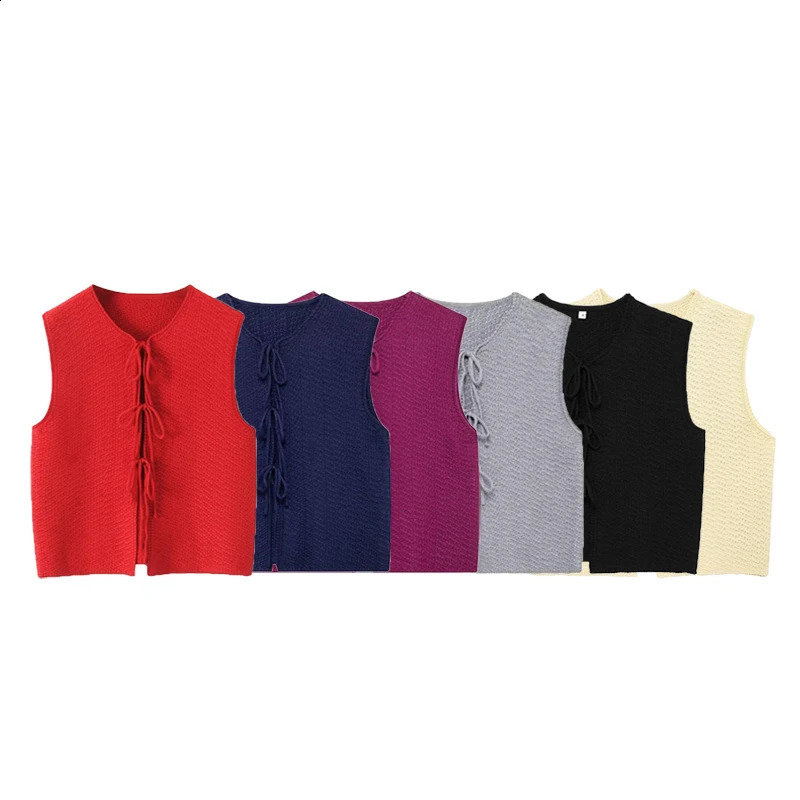 YUEYANG Bow Tied Vests For Women Short Knitted Sleeveless Vest Jacket Woman Waistcoat Streetwear Knitwear Tops 240826