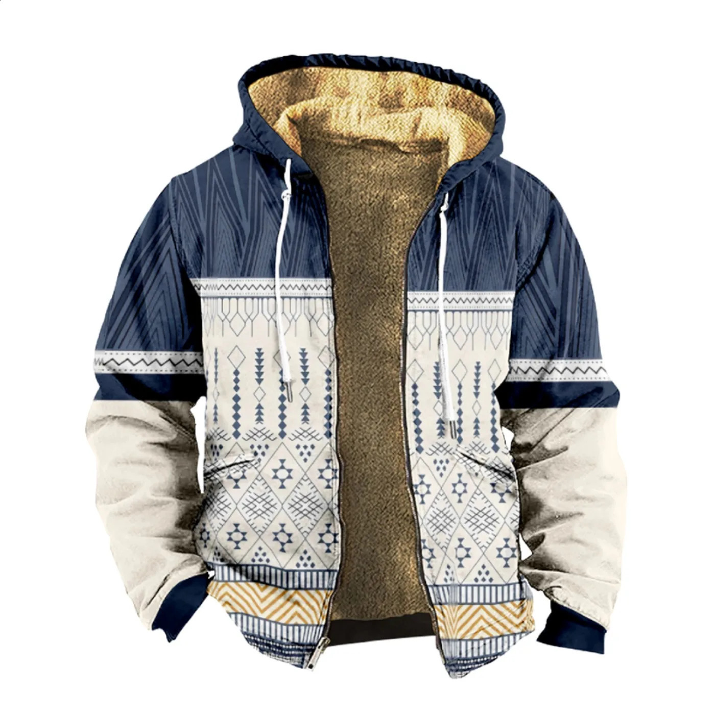 Mens and womens thick wool hooded double-layer jackets retro printed street zippers for winter and autumn keep warm 240827