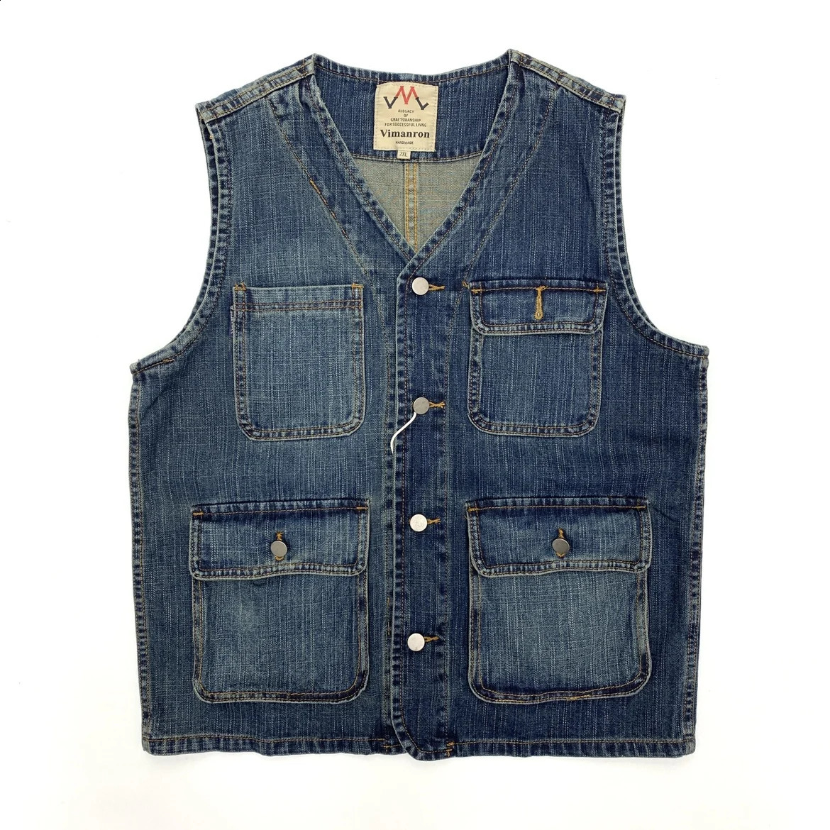 100% Cotton Distressed Washed Denim Vest for Men Multi Pockets Casual Vintage Male V Neck Sleeveless Jeans Jacket Tops Coats 240826