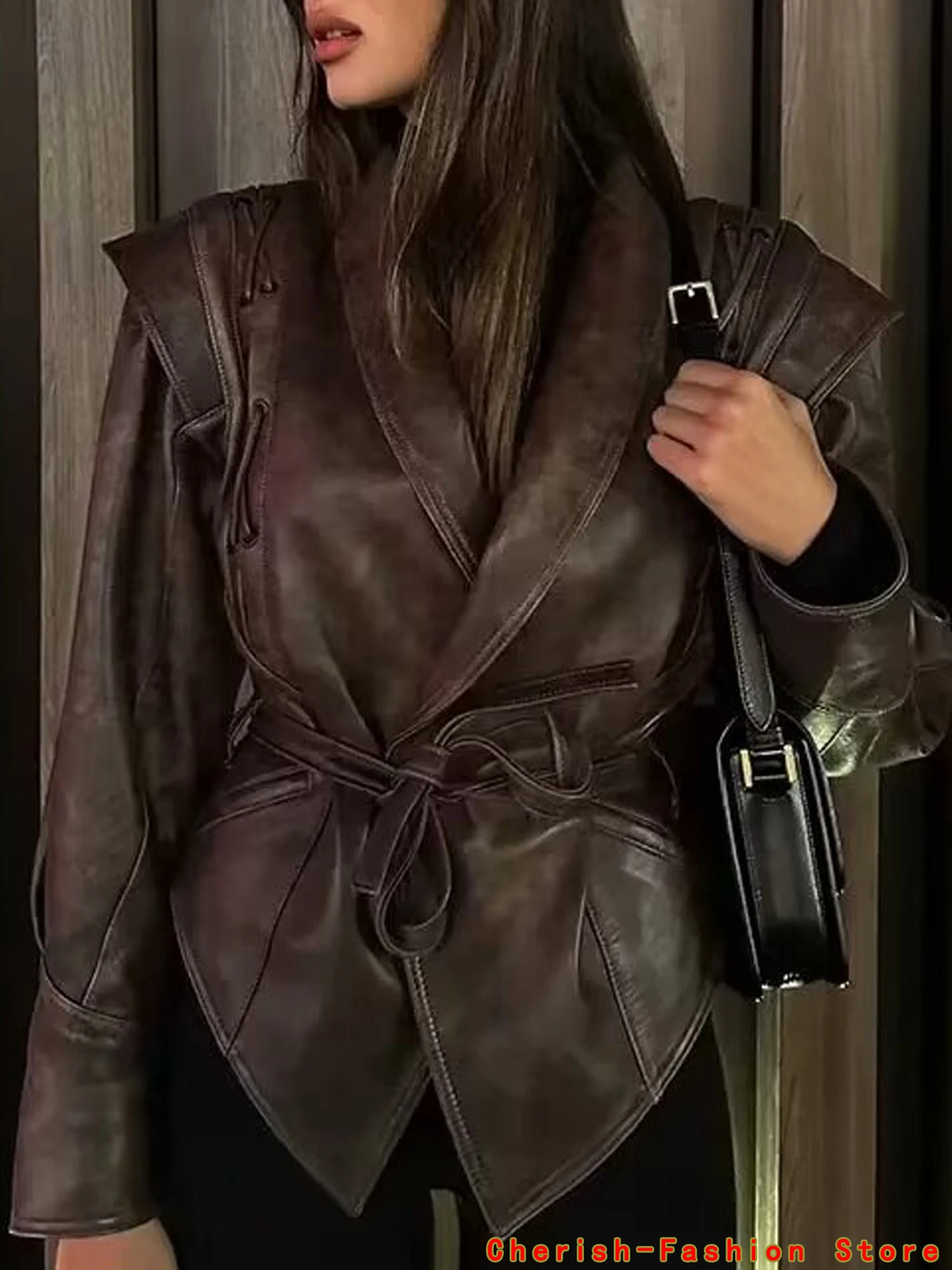 2024 Coal Brown Womens Washed Leather Jacket with Tassel Coat Short Coat Upgraded Zipper and Retro Collar Jacket 240827