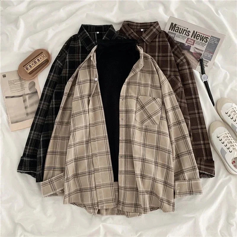Vintage Plaid Shirts Women Fall Winter Long Sleeve Oversize Button Up Blouse Fashion Classic Outwear Tops Blusas Mujer 240826