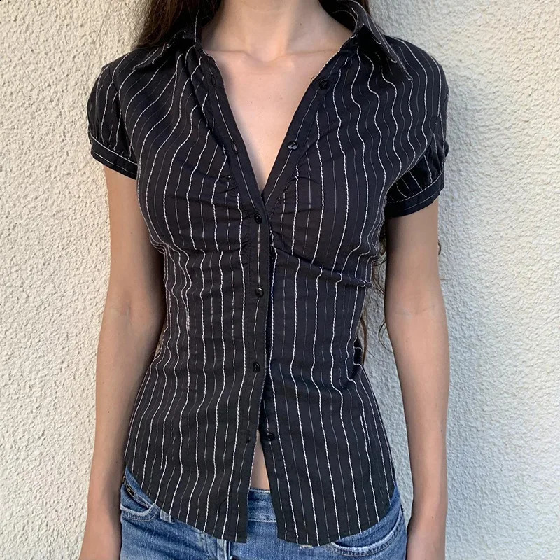 Y2K Striped Blouse Womens Summer French Style Button-up Turn-down Collar Shirt Vintage Streetwear Chic Elegant Tops 240826