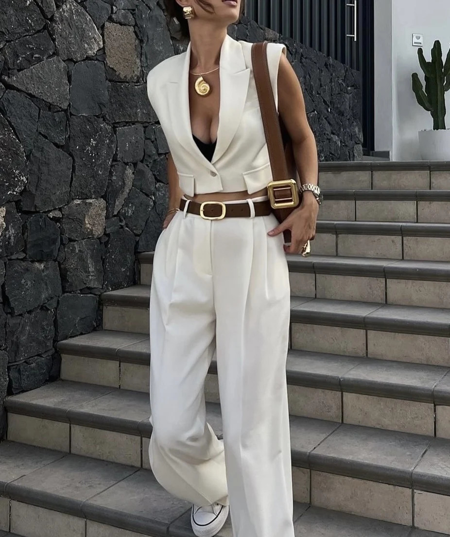 24 Autum Womens European And American Style Flip-up Short Vest Casual Pants Street Style Fashionable Elegant Suit 240826