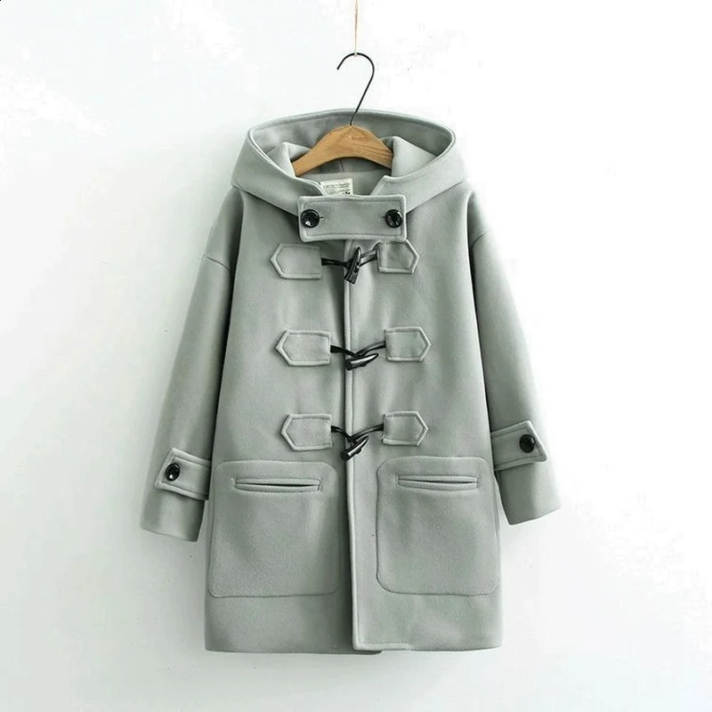 Womens autumn and winter mid length wool hooded jacket cow horn buckle casual solid color jacket college style velvet jacket 240827