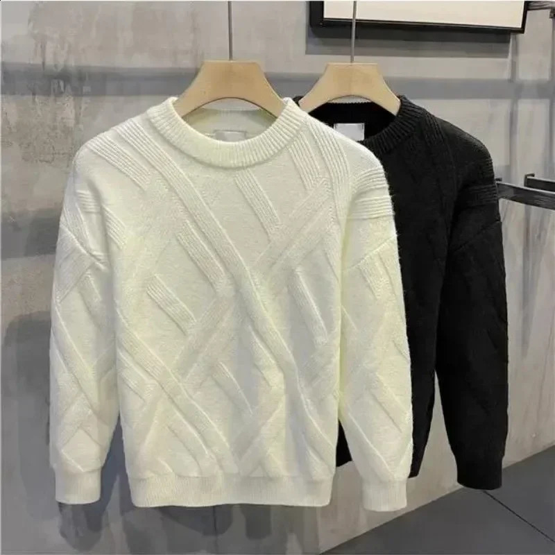 Mens knitted sweater solid color mens clothing plain weave collar flower beige round neck mens sportswear Knitwear T A S 240827
