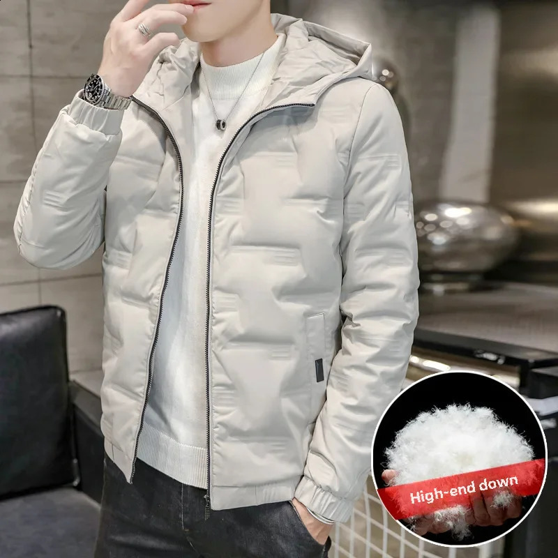 Winter Mens Lightweight Warm Fashionable Casual Slims Smooths Your Silhouette Hooded Down Jacket Trendy White Duck Coat 240826