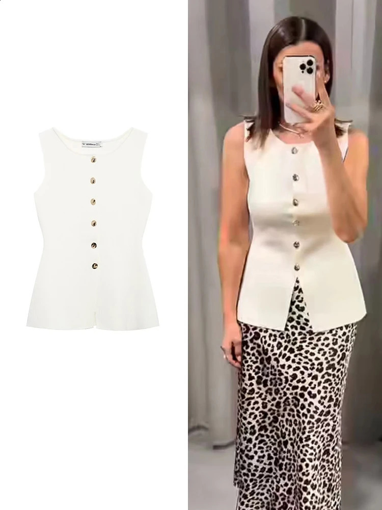 TRAF Elegant Women Knitted Single Breasted Tank White Slim Oneck Sleeveless Solid Female Vest 2024 Summer Fashion Lady Vests 240826