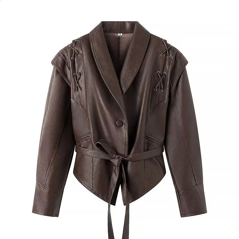 Retro belt PU leather jacket womens short lapel autumn winter clothing womens ultra-thin jacket womens jacket 240827