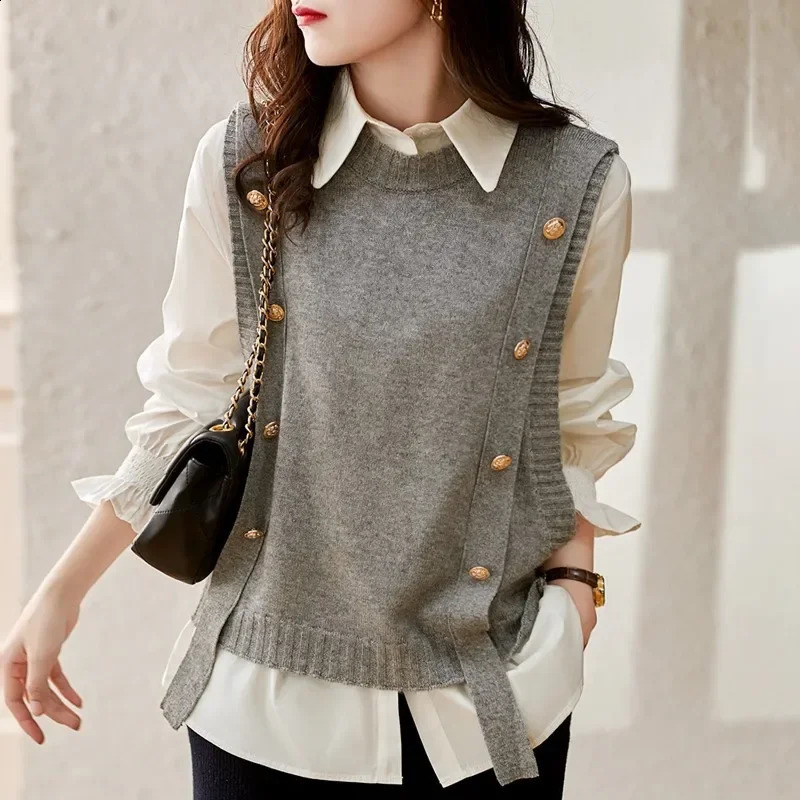 Gilet en tricot de mode pour femmes pull sans manches rétro tanktop tanktop femelle coréenne automne et pull d'hiver 240826