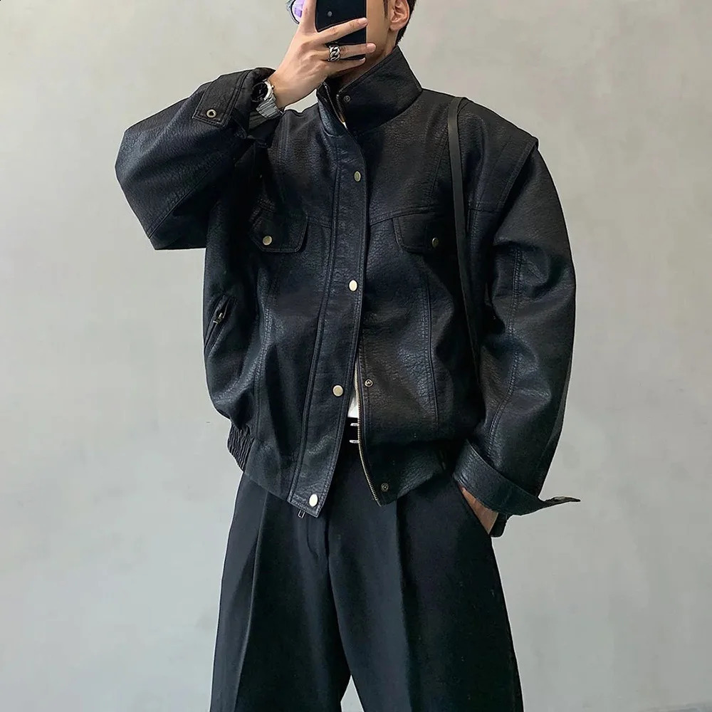 Y2K Mens Leather Jacket Pockets Zippers Buttons Windproof Baseball Spring Casual Motorcycle Clothing 2024 240826