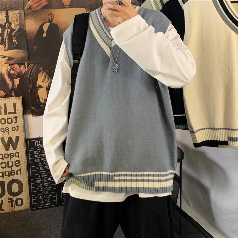 Men Autumn Winter Oversize Loose Knitted Vest Top Male Sweater V-neck Tanks Tops Mens Casual Sleeveless Tops K473 240826