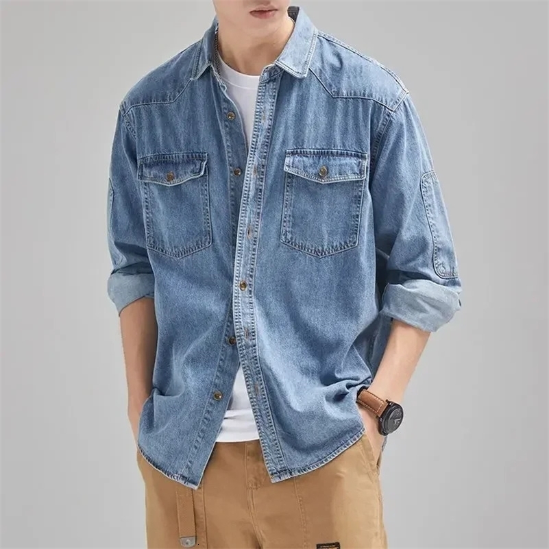 Vestes denim mangeur de chemise d'automne manteau pour hommes couleur solide bleu basse coût y2k vêtements de cowboy tendance une pièce décontrac