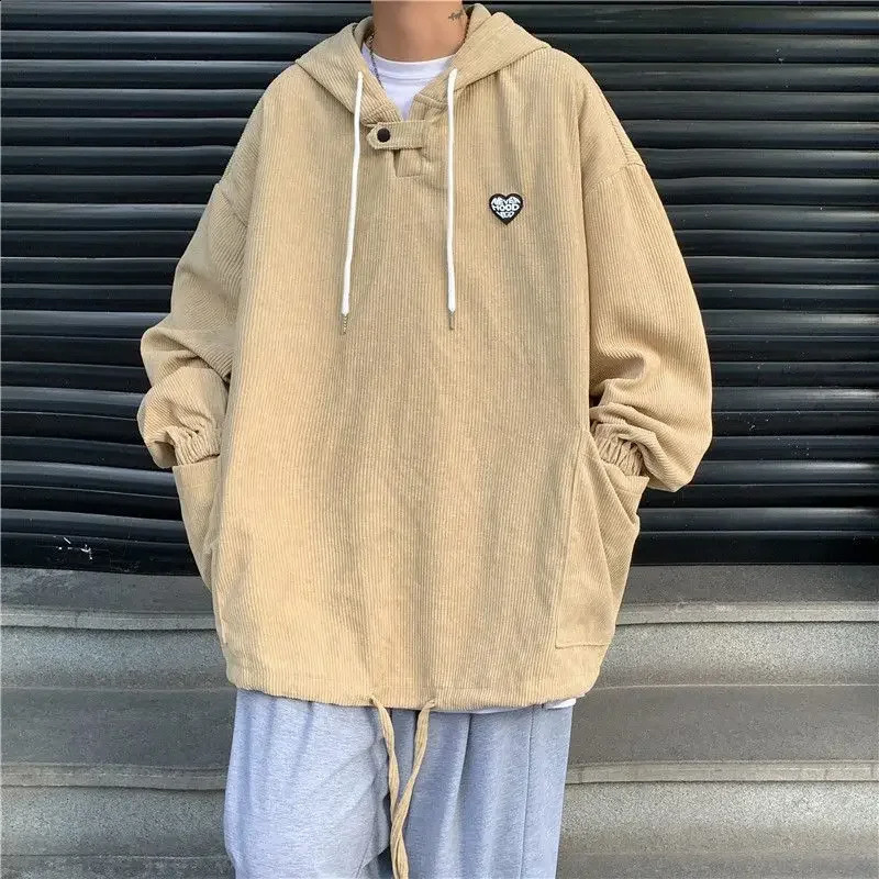 Sweat à capuche en velours côtelé de style haut de gamme pour hommes à sweat à sweat en vrac rétro d'automne et hivernal pour couples veste décon