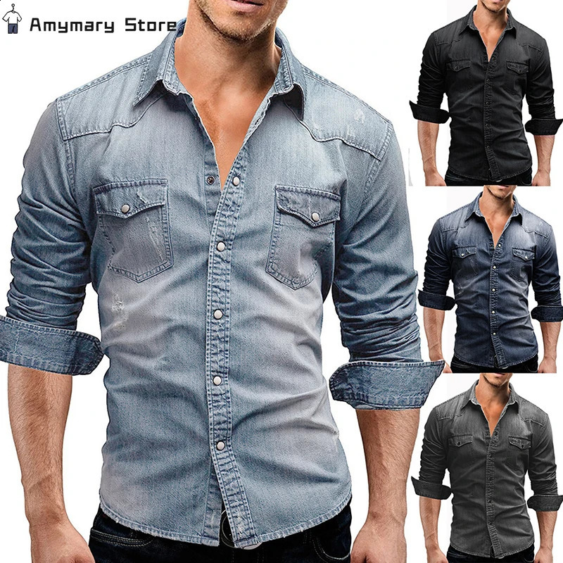 Mens retro denim shirt solid long sleeved lapel casual slim fit fashionable washed cotton shirt Western denim business shirt top 240827