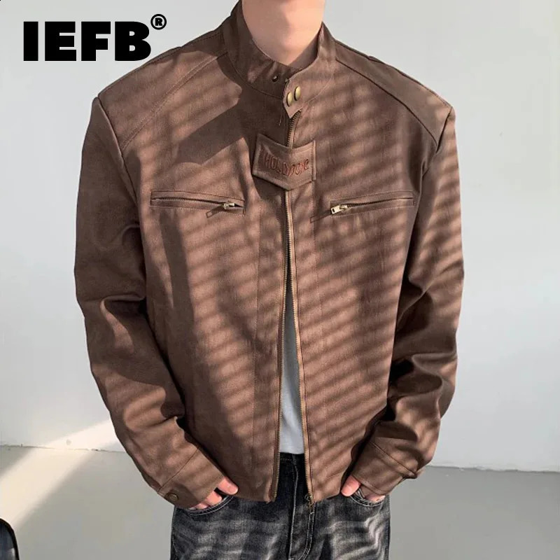 IEFB American Style Mens Jackets Loose PU Leather Zipper Stand Collar Short Tops Casual Solid Color Male Coat Functional 9C7180 240826