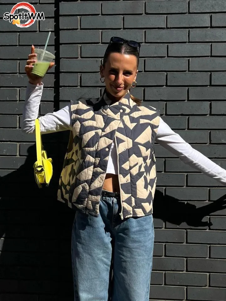 Womens Fashion Print Stand Collar Vest Chic Single Breasted Sleeveless Street Waistcoat 2024 Autumn Winter Female Outerwear 240826
