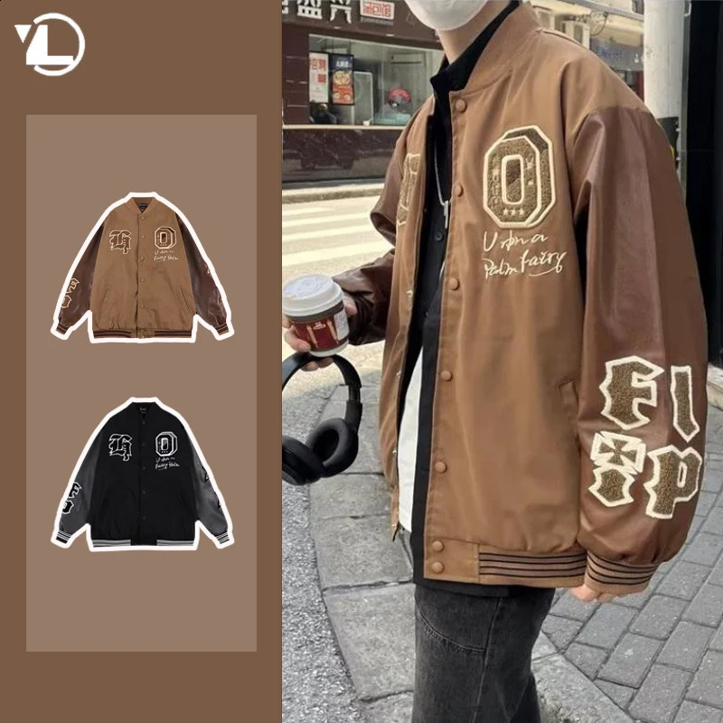 American Retro Mens Baseball Uniform Street Harajuku Patchwork Leather Loose Jackets Color Block Towel Embroidery Trend Coats 240826
