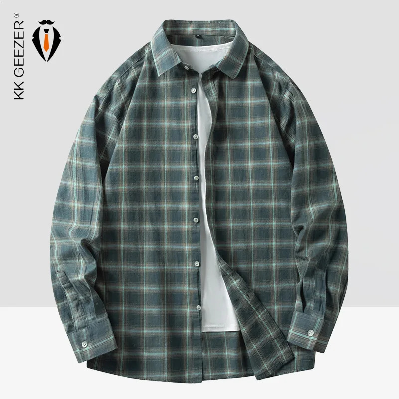 Men Shirt Plaid 100% Cotton Flannel Long Sleeve Plus Size Loose Autumn Street Casual Oversized Male Soft Dress Shirt Dropshippig 240826