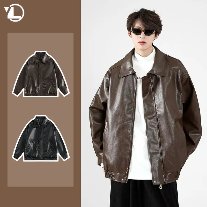 Mens Retro PU Leather Jacket American Street Motorcycle Couple Coat Streetwear High-quality Harajuku Lapel Loose Bomber Outwear 240826