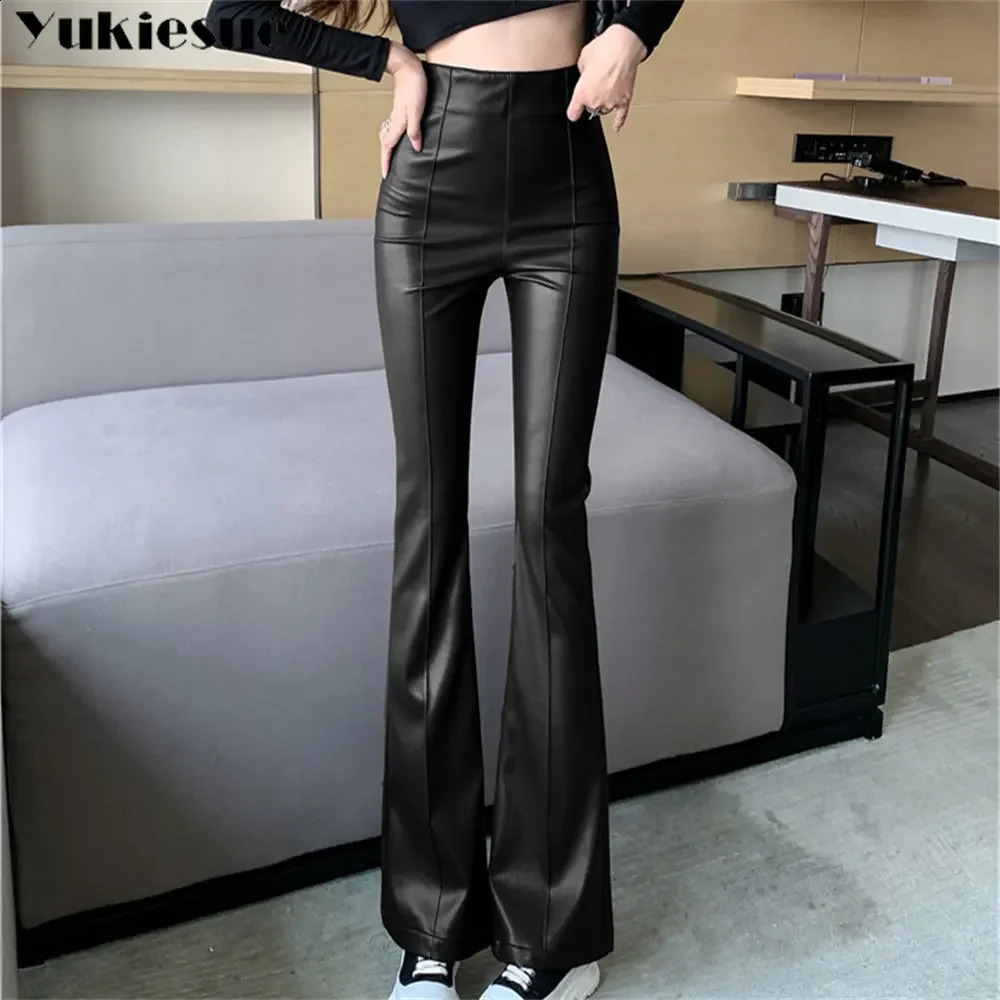 Autumn Winter Vintage Casual High Waist Trousers Streetwear PU Leather Flare Pant Pants Fashion Elegant Slim 240826