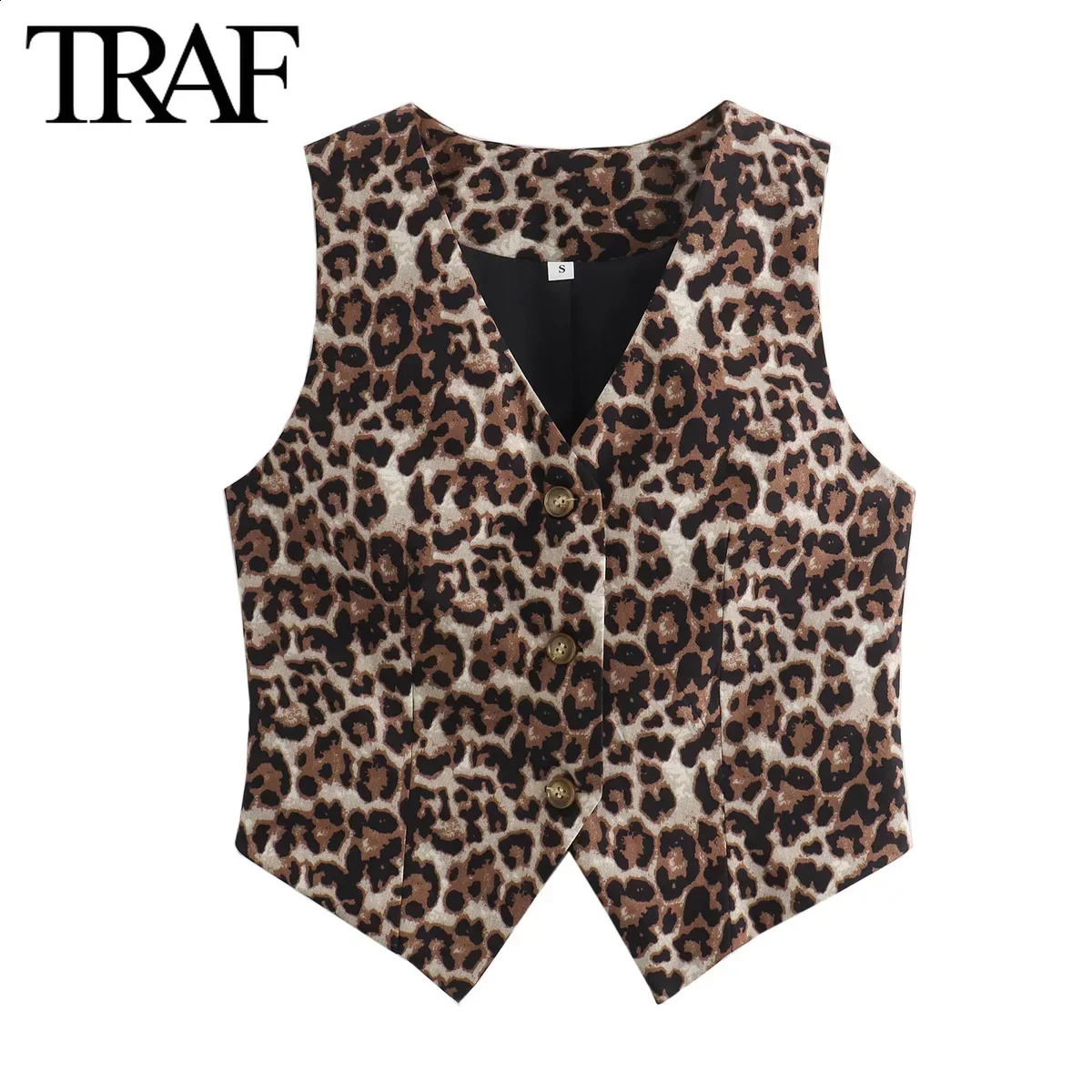 Traf Women Fashion printemps léopard imprimement simple veste Vneck Veste sans manches Chic Female Wilall Vestes Mujer 240826