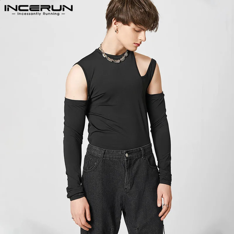 Men T Shirts Solid Hollow Out O-neck Long Sleeve Off Shoulder Casual Camisetas Streetwear Fashion Men Clothing INCERUN 7 240827