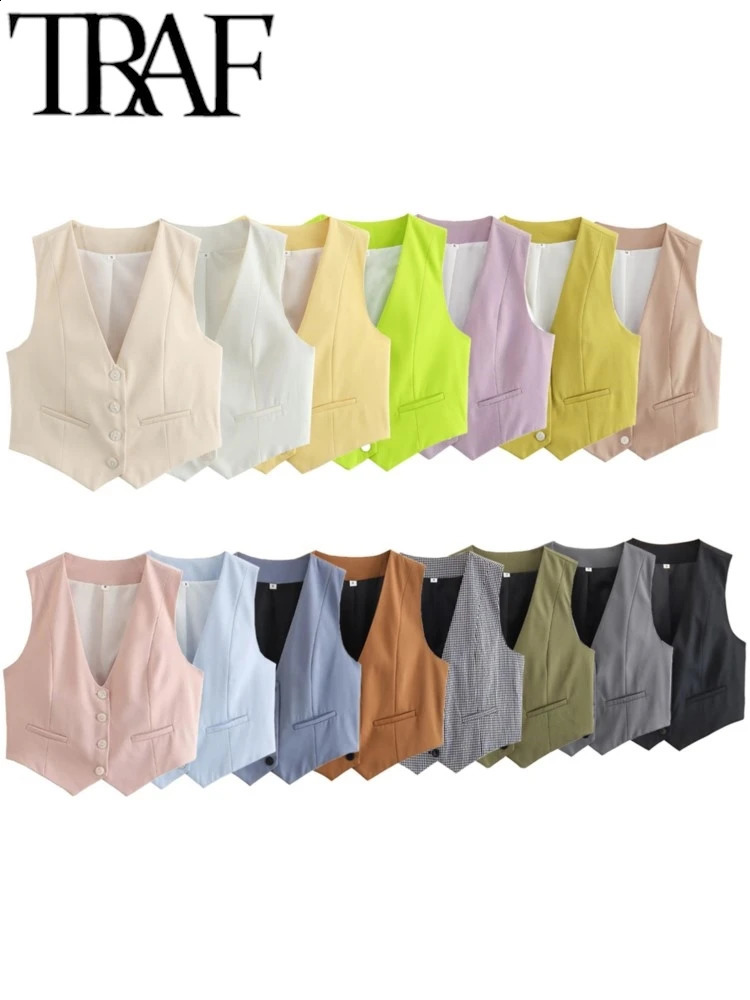 TRAF GAL 2024 Summer Elegant Fashion Women Colorful Blazer Vest Single Breasted V Neck Sleeveless Waistcoat Female Crop Top Y2K 240826