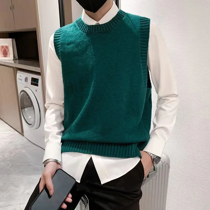 Man Clothes Round Collar Waistcoat Knitted Sweaters for Men Crewneck Solid Color Vest Plain Sleeveless Green Plus Size Old A X S 240826