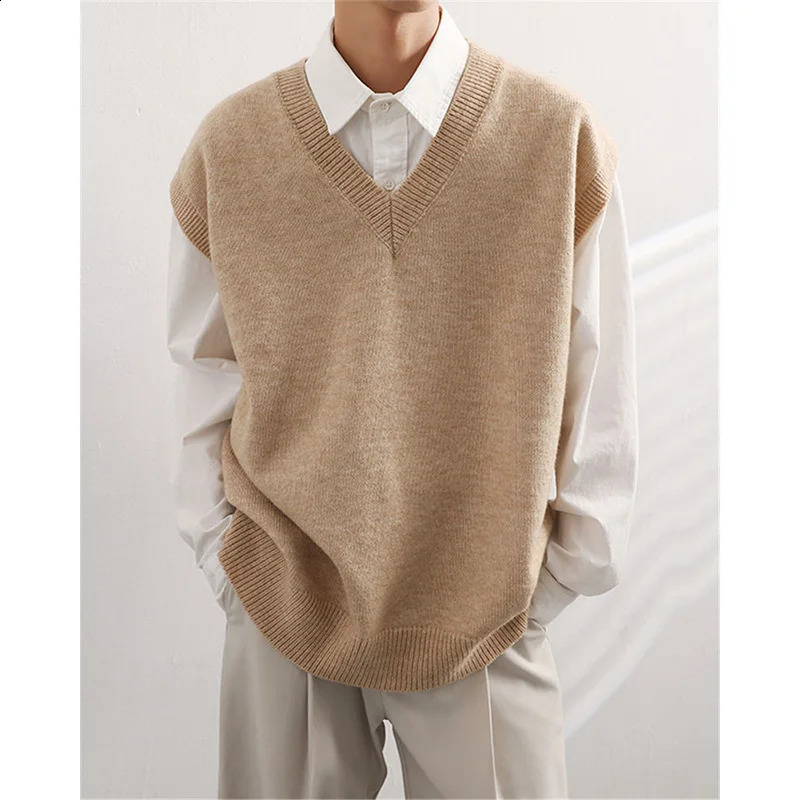 Sweater Vest Men V-neck Solid Color Leisure Loose All-match Streetwear Sleeveless Sweaters Mens Chic Korean Style Teens V38 240826