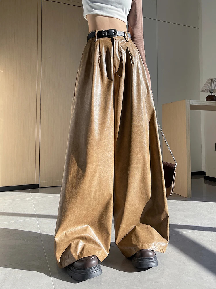 Elastic High Waist Women PU Pants Wide Leg Loose Casual Trousers Autumn Winter 2024 Street Outfits Faux Leather Korean 240826
