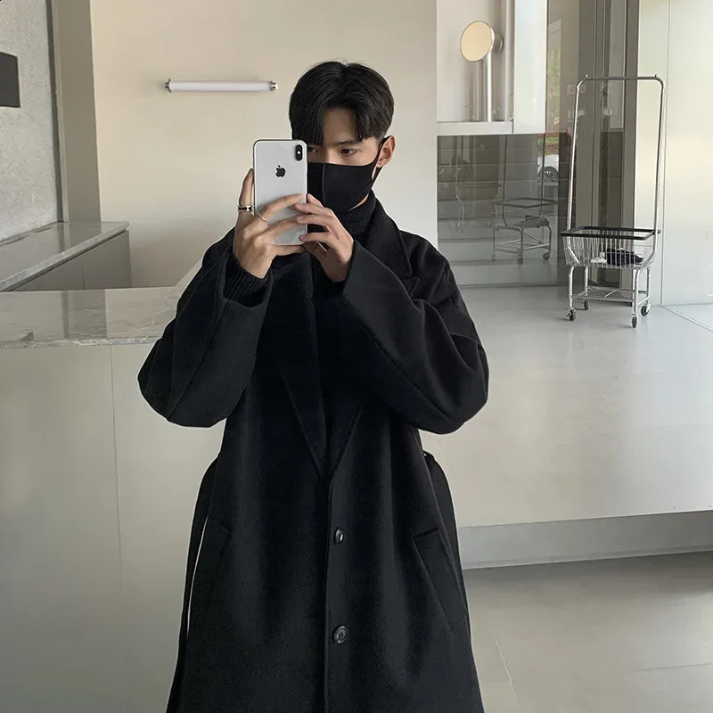 Autumn Winter Woolen Overcoat Mens Korean Trendy Medium-length Loose-fit Jacket Hong Kong Style Fashion Trench 240826