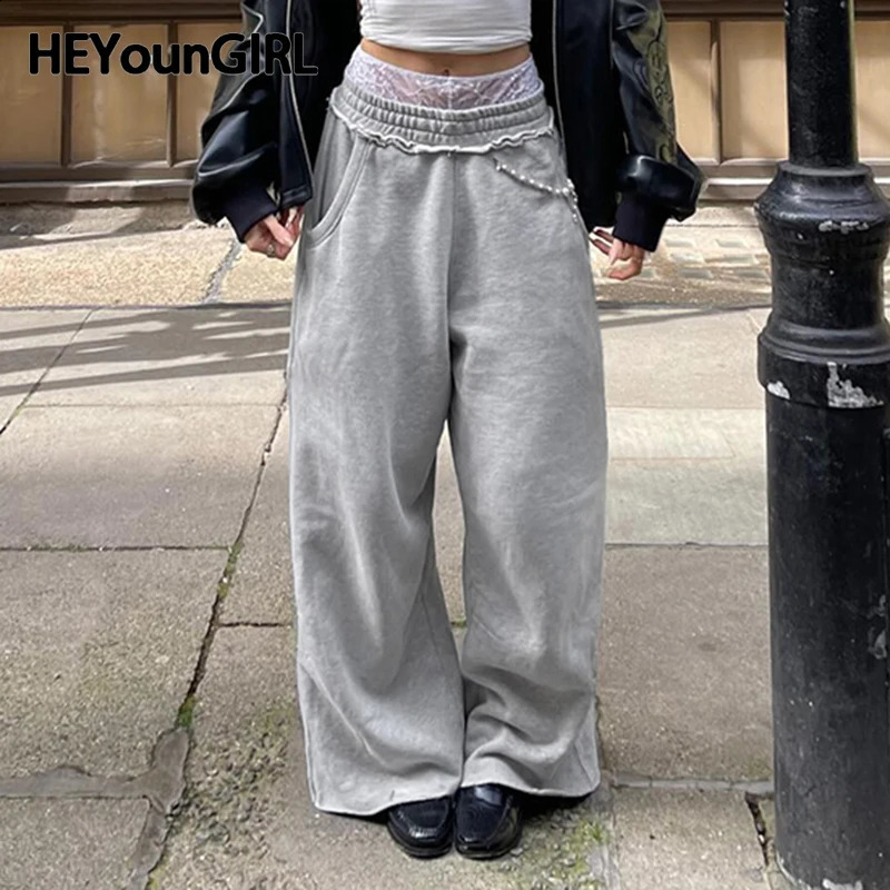 Heyoungirl Femmes Papent de survêtement gris décontracté mode Pantalon à jambe large en tricot tricot coréen y2k joggers de style sportif.