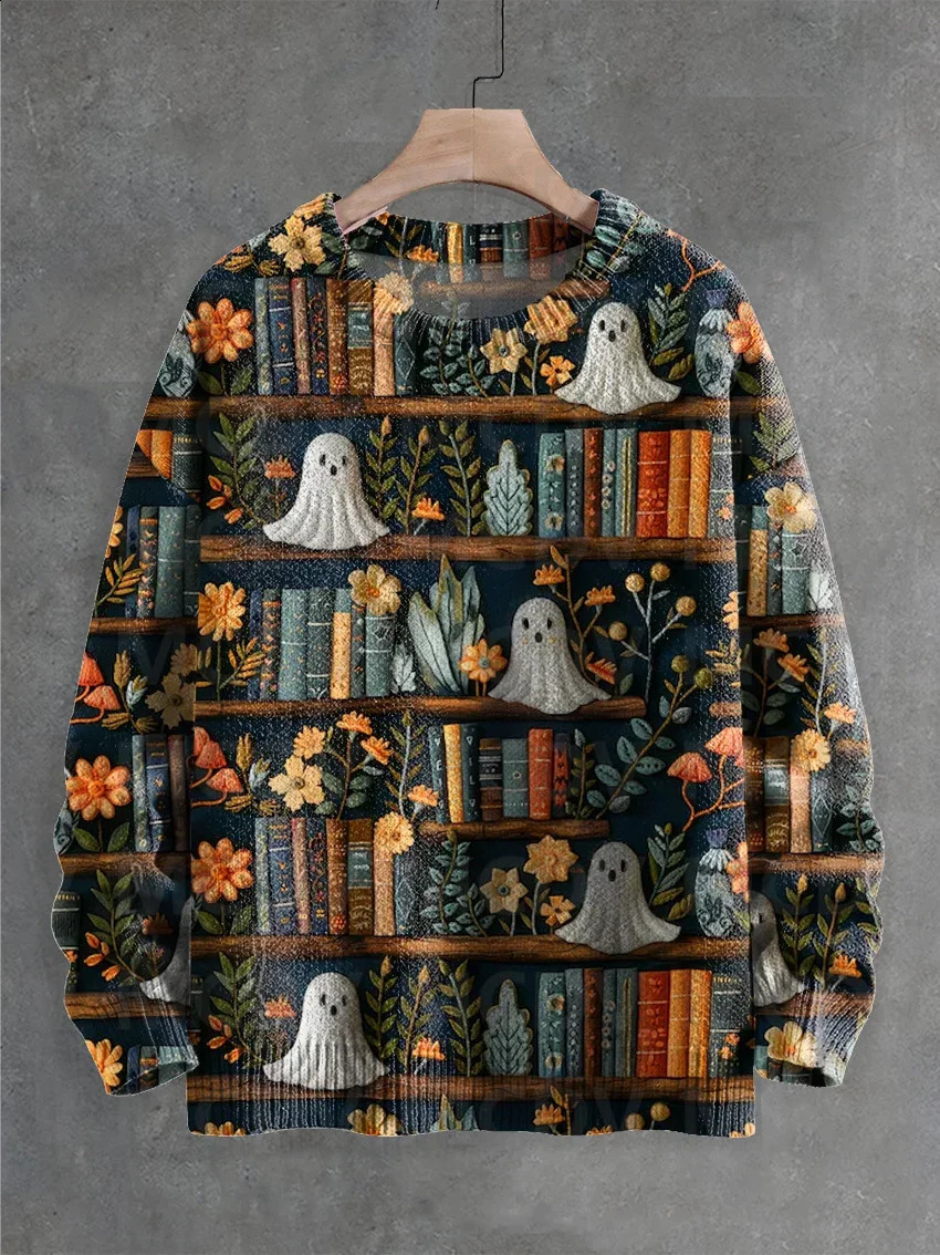 Halloween Library Bookshelf Ghost Halloween Print Knitted Pullover Sweater Classic Mens Pullover Sweater 240827