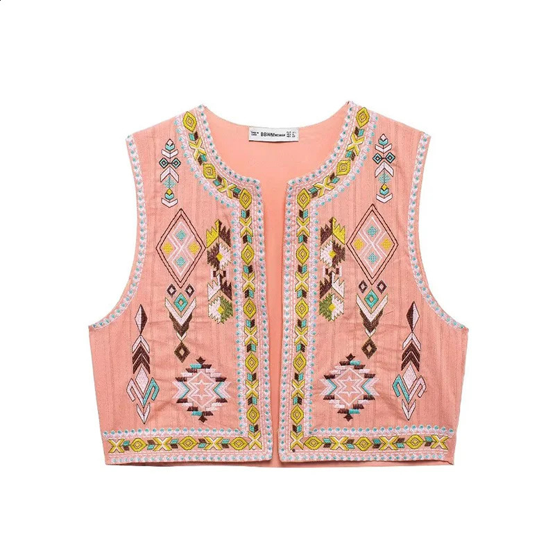 TRAF femmes gilet brodé mode Vintage gilet court pour femmes gilets sans manches femme ouvert vêtements d'extérieur 240826